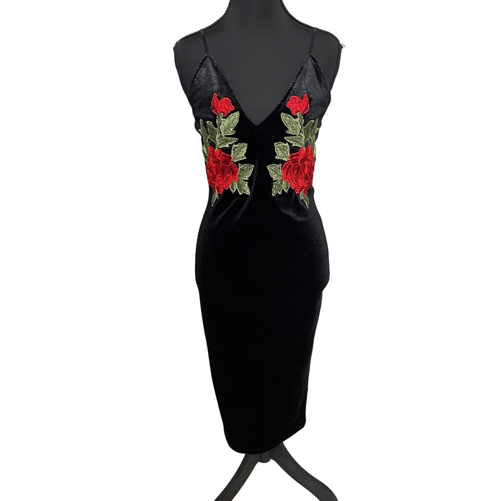 K-T-O-O Black Velvet Rose Embroidered Midi Date Night Dress Bodycon Sz S